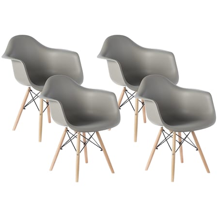 Fabulaxe Plastic DAW Shell Dining Arm Chair with Wooden Dowel Eiffel Legs, Gray, PK 4 QI003748.GY.4